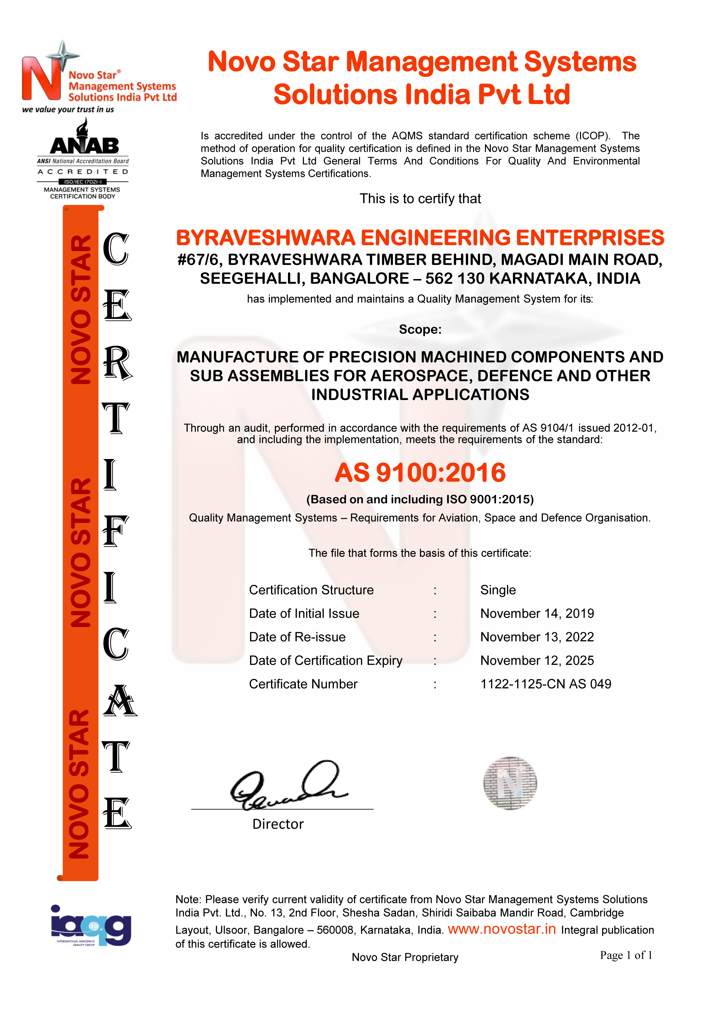 AS 9100-2016 CERTIFICATE Byraveshwara Engineering Enterprises